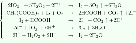 \begin{displaymath}
\left\{
\begin{array}{ccl}
\ensuremath{\mathrm{
2IO_3{}^-+5...
...tarrow &
\ensuremath{\mathrm{
I_2+2H_2O
}}
\end{array}\right.
\end{displaymath}