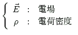 $\displaystyle \left\{
\begin{array}{ccl}
\vec{E}& : & \text{$BEE>l(B} \\
\rho & : & \text{$BEE2YL)EY(B} \\
\end{array}\right.
$
